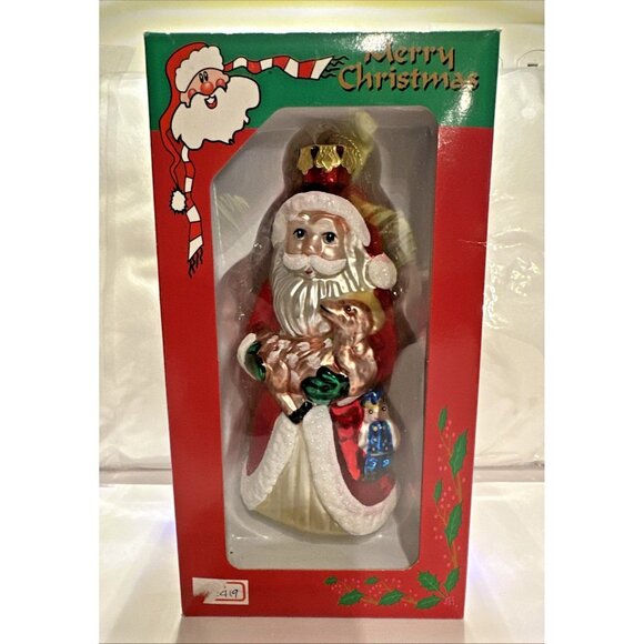 Blown Glass Figural Santa Ornament 5” Holding a Lamb with Nutcracker Soldier NEW - Picture 3 of 6